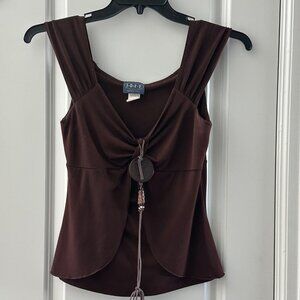 Brown Sleeveless Ruched Detail Top With Beaded Tie Accent By I.D.F.Y Medium
